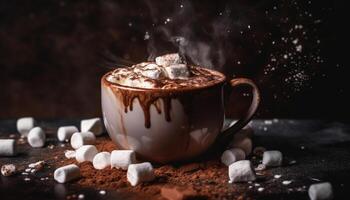 Gourmet hot chocolate with marshmallow and cookie generated by AI photo