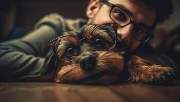 caucásico hombre abraza linda terrier perrito adentro generado por ai foto