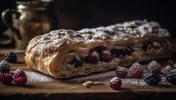 Freshly baked berry strudel on rustic wood table generated by AI photo