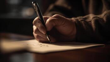 uno hombre escritura con bolígrafo en papel generado por ai foto