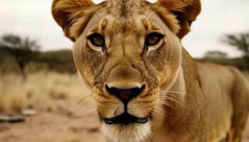 majestuoso leona curioso a cámara en sabana generado por ai foto