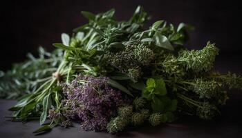 Healthy lifestyle Fresh organic herb bouquet on table generated by AI photo