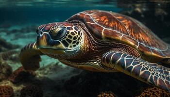 en peligro de extinción mar Tortuga nada en vistoso arrecife generado por ai foto