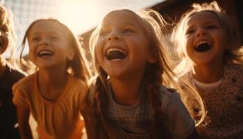 Smiling children playing outdoors, enjoying carefree childhood generated by AI photo