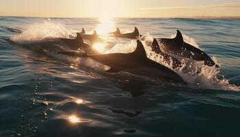 Playful dolphins jumping in the sunset sea generated by AI photo