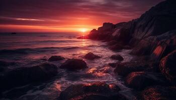 Majestic sunset over tranquil waters and rocky cliffs generated by AI photo