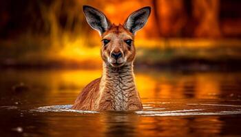 Deer standing in grass, looking at camera generated by AI photo