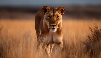 majestuoso leona caminando en el africano sabana generado por ai foto