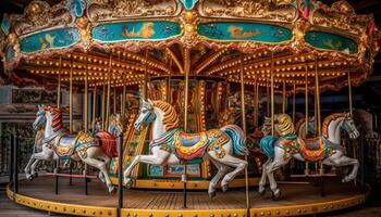 Spinning carousel horses bring childhood joy outdoors generated by AI photo