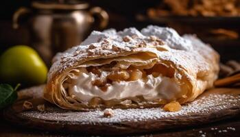 Homemade apple pie on rustic wood table generated by AI photo