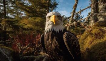 Majestic bald eagle perching on tree branch generated by AI photo