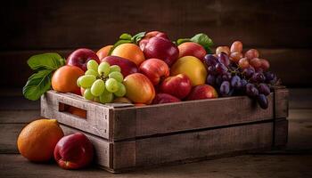 Rustic crate holds juicy, fresh, organic fruit generated by AI photo