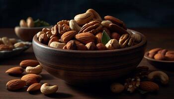 Healthy nuts in a rustic wooden bowl generated by AI photo