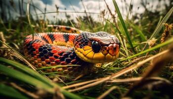 Poisonous viper crawls through grass in forest generated by AI photo