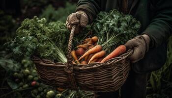 Hand picked organic vegetables in wicker basket generated by AI photo