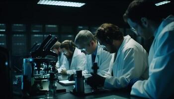 Caucasian scientists analyzing chemical compounds in laboratory generated by AI photo