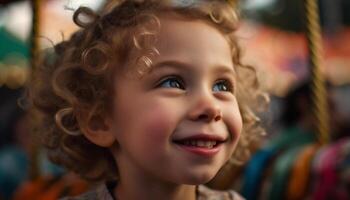 Smiling toddler enjoys carefree summer nature playtime generated by AI photo