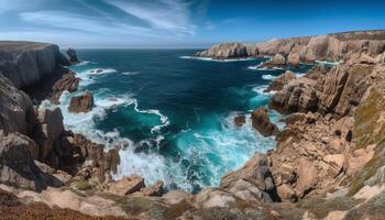 majestuoso acantilado, agua, y rock formación Asturias generado por ai foto