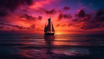 Sailboat sailing into the sunset, tranquil seascape adventure generated by AI photo