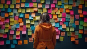 Young adult brainstorming ideas on colorful wall generated by AI photo