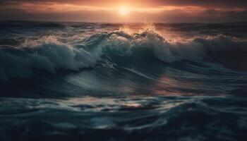 Sunset surf splashing on the coastline horizon generated by AI photo