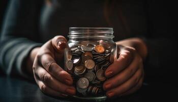 Hand holding coin bank, symbolizing wealth growth generated by AI photo