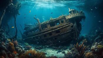 Diving into blue sea, exploring shipwreck beauty generated by AI photo