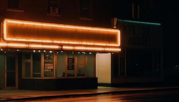 Glowing neon signs illuminate the modern cityscape generated by AI photo