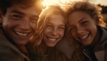 joven mujer reír, disfrutando naturaleza con amigos generado por ai foto