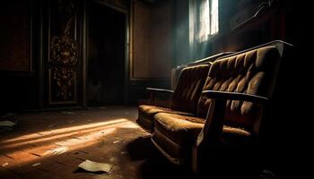 Empty old fashioned armchair sits in spooky abandoned room generated by AI photo