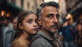 padre y hijo abarcar, disfrutando naturaleza belleza generado por ai foto