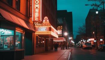 City nightlife illuminated by neon signs and lanterns generated by AI photo