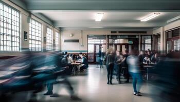 Blurry commuters rush through modern subway station generated by AI photo