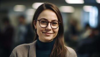 confidente joven mujer de negocios sonriente en oficina retrato generado por ai foto