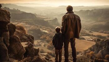 padre y hijo senderismo, abrazando naturaleza belleza generado por ai foto