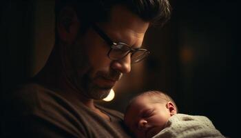 Father embracing newborn son, pure love captured generated by AI photo