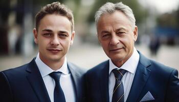 dos exitoso empresarios en Ropa formal sonriente al aire libre generado por ai foto