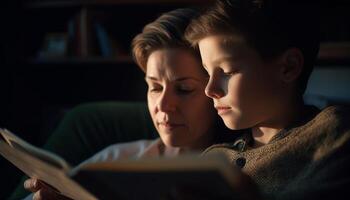 Two boys studying together on digital tablet generated by AI photo