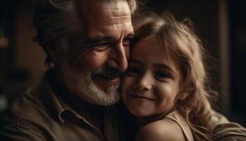 multi Generacion familia abraza en alegre hogar retrato generado por ai foto