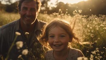 Casual family enjoys carefree weekend in nature generated by AI photo