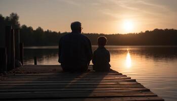 Family bonding at sunset on tranquil jetty generated by AI photo