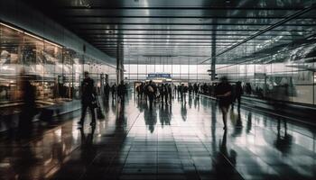 Modern commuters rush through futuristic subway station glass generated by AI photo