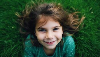 sonriente niño jugando en verde prado al aire libre generado por ai foto