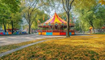 Carousel spinning in vibrant autumn nature fun generated by AI photo