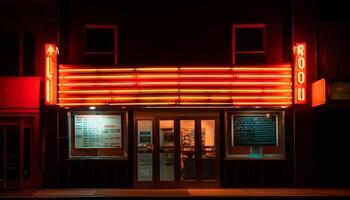 Glowing neon sign illuminates bar entrance at night generated by AI photo