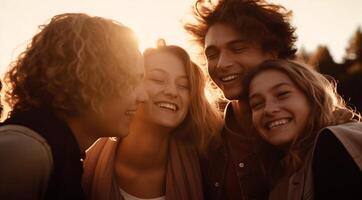 joven adultos abrazo naturaleza, sonriente con alegría generado por ai foto