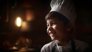 linda cocinero chico disfruta Cocinando en cocina harina generado por ai foto