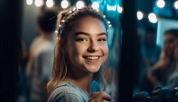 sonriente joven mujer disfrutar la vida nocturna con confianza generado por ai foto