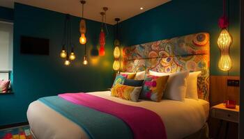 Comfortable modern bedroom with vibrant multi colored decor generated by AI photo