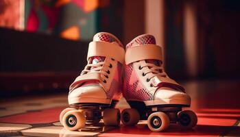 Small child's fun playing with colorful roller skates generated by AI photo